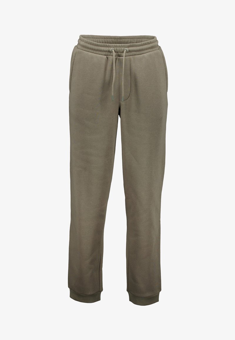 Pantalon de survêtement vert olive avec une taille élastique, un cordon de serrage ajustable, des poches latérales et des chevilles à revers.