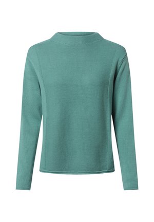 Pull en tricot teal à manches longues avec un col rond haut et un design à panneaux texturés à l'avant.