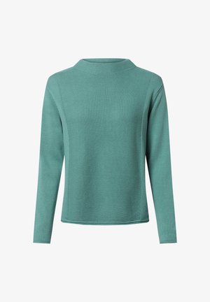 Langärmliger, türkisfarbener Strickpullover mit rundem Hochauschnitt und strukturiertem Paneeldesign auf der Vorderseite.