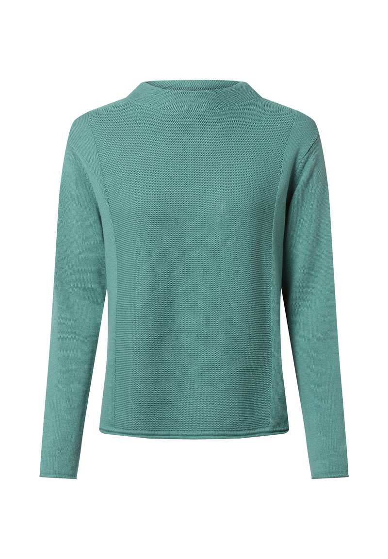 Pull en tricot teal à manches longues avec un col rond haut et un design à panneaux texturés à l'avant.