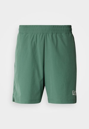 Green shorts with an elastic waistband, soft texture, and side slits. Features a white logo on the lower right leg. Simple, functional design.