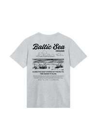 Gray cotton t-shirt featuring a black graphic illustration of the Baltic Sea and text: "Baltic Sea Origins" on the back.