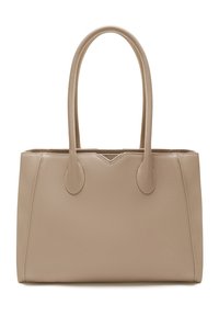 Beige leren tote bag met dubbele handvatten, een gestructureerde vorm, een gladde textuur en een driehoekig accent aan de voorkant.