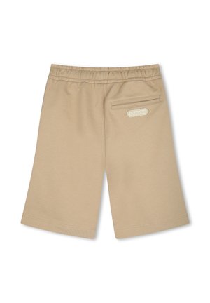 Beige shorts made from cotton blend fabric, featuring an elastic waistband and a back pocket with a rectangular logo patch.