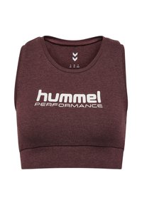 Vinröd sport-bh med rundad halsringning, tjocka axelband och vitt "hummel PERFORMANCE"-logotyp på framsidan. Mjuk tygstruktur.