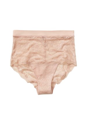 Lace hoge taille slipjes in een zachte nude kleur, met bloemmotieven en geschulpte randen, voorzien van een gladde tailleband voor extra comfort.