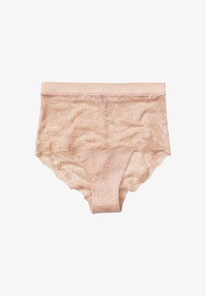 Lace hoge taille slipjes in een zachte nude kleur, met bloemmotieven en geschulpte randen, voorzien van een gladde tailleband voor extra comfort.