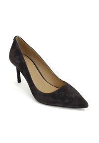 Pumps nere in suede con tacco alto e punta affusolata, interno liscio e tacco sottile. Il design presenta una scollatura bassa per un aspetto elegante.