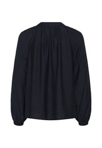Blusa blu scuro con maniche lunghe a sbuffo e scollatura arricciata. Realizzata in tessuto leggero, presenta una texture liscia.