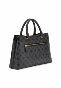 Borsa a tracolla nera con motivo, realizzata in materiale testurizzato. Presenta hardware dorato, doppi manici e una tasca esterna con zip. Design strutturato.