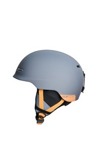 Casque gris avec une finition mate, sangles orange réglables et un intérieur noir. Présente une petite fente de ventilation sur le dessus.