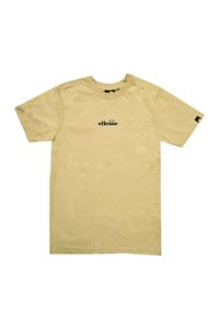 Camiseta de algodón color beige claro con mangas cortas. Presenta un logo negro de "ellesse" en el pecho y una pequeña etiqueta negra en la manga izquierda.