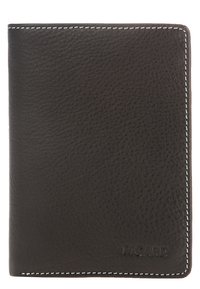 Black leather wallet with a textured finish, featuring white stitching along the edges and a subtle embossed logo on the front.