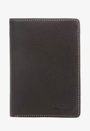 Black leather wallet with a textured finish, featuring white stitching along the edges and a subtle embossed logo on the front.