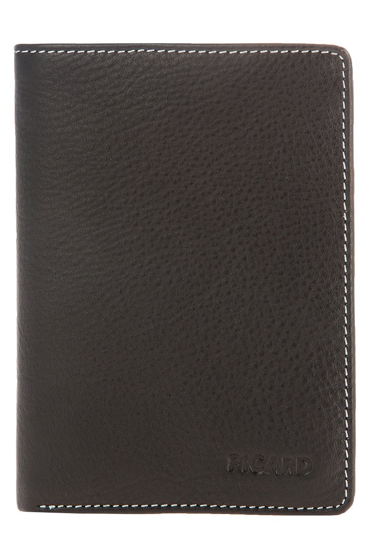 Black leather wallet with a textured finish, featuring white stitching along the edges and a subtle embossed logo on the front.