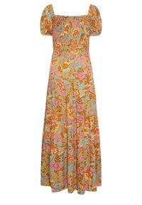 Kwiatowa sukienka maxi z bufiastymi rękawami, na tle w kolorze aqua, z różnorodnymi wzorami kwiatowymi w odcieniach pomarańczowego, różowego i żółtego.