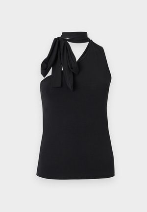 Must musta lühikeste varrukateta kaelusega topp, millel on vasakul küljel asümmeetriline kaelaehe lips, V-kaelus ja lõikega vöökoht.