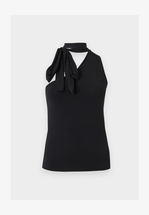 Black sleeveless halter top with asymmetrical neck tie bow on left side, V-neckline, and fitted waist.