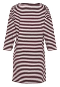 Prugasta tunika v burgundski in beli barvi, z rokavi dolgimi tri četrtine, sproščenim krojem in okroglim izrezom. Mehka bombažna tkanina.