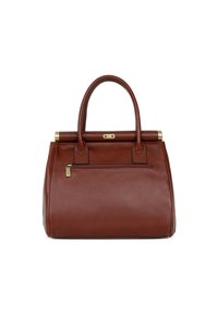 Brązowa skórzana torebka o ustrukturyzowanym kształcie, z dwiema górnymi rączkami, metalowym zapięciem i zamykaną na zamek kieszenią z tyłu. Teksturowane wykończenie.