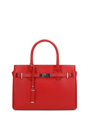Red leather handbag with double handles, silver clasp detail, and a hanging leather tag on a white background.