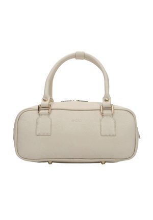 Cremefarbene Lederhandtasche mit rechteckiger Form, doppelten Obergriffen, goldenen Hardware-Akzenten und einem dezenten geprägten Logo.