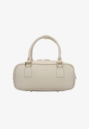 Kremowa skórzana torebka o prostokątnym kształcie, z dwoma górnymi uchwytami, złotymi akcentami metalowymi oraz subtelnym wytłoczonym logo.