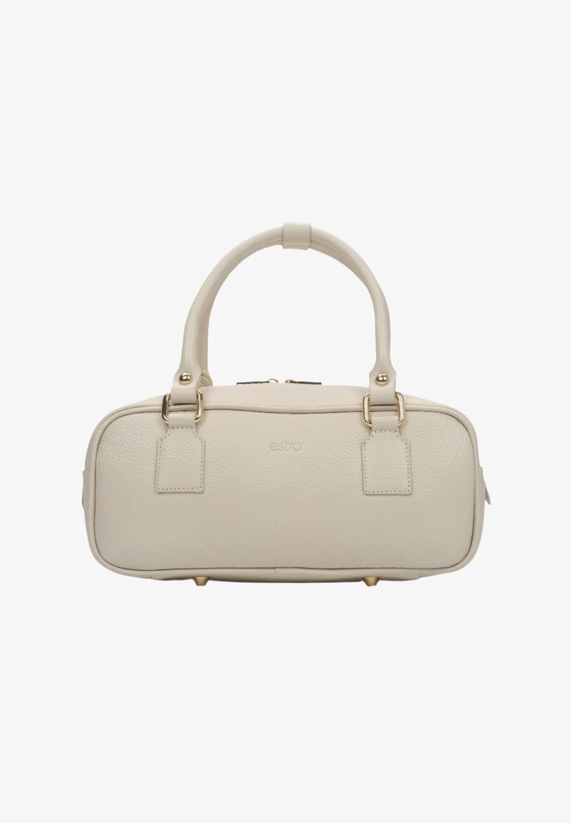 Kremowa skórzana torebka o prostokątnym kształcie, z dwoma górnymi uchwytami, złotymi akcentami metalowymi oraz subtelnym wytłoczonym logo.