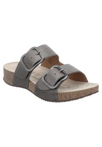 Gray slide sandal with two adjustable buckles, suede texture, and a cork footbed. Flat sole features a slight curve for comfort.