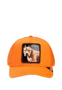 Oranges Trucker-Cap mit schwarzem quadratischem Patch und gesticktem Pitbull-Design. Netzhinterteil und verstellbarer Snap-Verschluss.