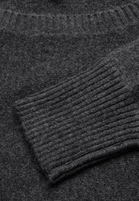 Maglione a maglia grigio scuro con un corpo liscio e polsini a costine; realizzato in un tessuto morbido, con un classico scollo rotondo.
