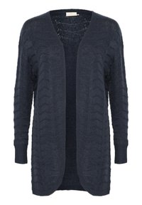 Cardigan aperto navy realizzato in tessuto a maglia testurizzata, con maniche lunghe e un sottile motivo a zigzag. Senza chiusure; vestibilità rilassata.