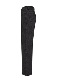 Jeans de mezclilla negros con corte recto, cinco bolsillos y costuras en contraste. Presentan una cintura de altura media y una textura suave.