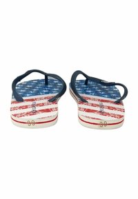 Infradito con cinturini blu e un design della bandiera americana sulla suola, caratterizzati da linee rosse e bianche e una superficie testurizzata. Taglia 36.