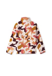 Pull-over en polaire avec un motif camouflage abstrait multicolore comprenant des nuances de rose, marron et crème, doté d'un col montant et de manches longues.