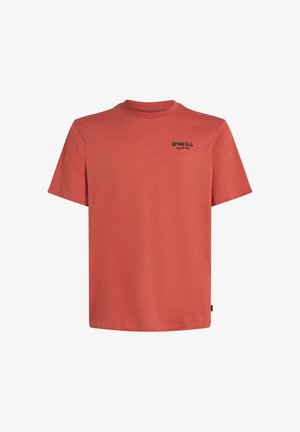 Lyhythihainen t-paita korallinvärisestä puuvillasta, jossa on pyöreä kaula-aukko ja pieni musta "O'Neill Surf Co." -logo edessä. Sileä tekstuuri.