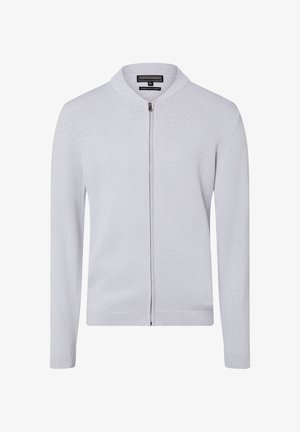 Cardigan gris clair à fermeture éclair avec un col rond, des manches longues, des poignets et un ourlet côtelés. Confectionné en maille douce.