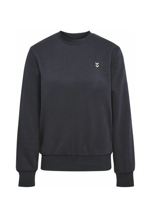 Sort langærmet crewneck-sweatshirt med ribbet manchetter og kant, med en lille hvid dobbelt-chevron-logo på venstre bryst.