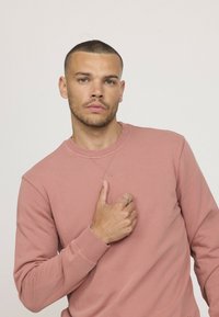 Sweatshirt rose clair avec col ras du cou côtelé et poignets côtelés. Texture lisse, avec des détails de couture subtils sur la poitrine.