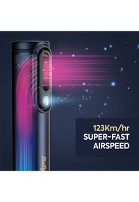 Elektrisches Pflegegerät mit leuchtendem Luftstrom-Effekt, der die super schnelle Luftgeschwindigkeit von 123 km/h hervorhebt.