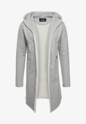 Light gray long cardigan made of soft fabric, featuring a hood, open front, and two front pockets. Subtle interior lining detail.
