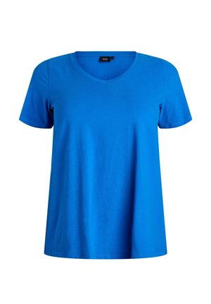 Plava kratka majica s kratkim rukavima od pamučnog materijala s V-izrezom i opuštenim krojem. Glatka tekstura s čistim rubovima i bez vidljivih dizajnerskih detalja.