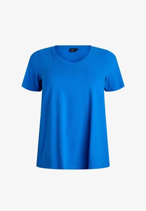 Sinine lühikeste varrukatega t-särk puuvillast kangast, millel on V-kaelus ja mugav lõige. Sile tekstuur, puhtad servad ja ilma nähtavate kujunduselementideta.