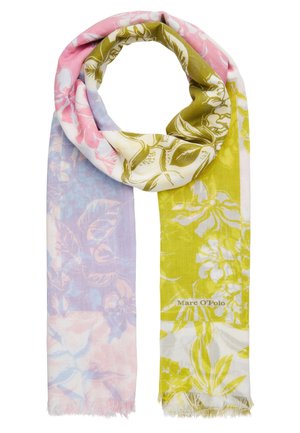 Écharpe à motif floral dans des tons pastel rose, vert olive et lavande, avec des bords légèrement effilochés et la marque "Marc O'Polo" sur la partie verte.