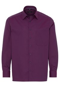 Fioletowa koszula z długim rękawem, z kołnierzykiem zapinanym na guziki, pojedynczą kieszenią na piersi oraz ciemnymi guzikami z przodu; gładka tekstura tkaniny.