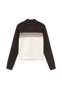 Suéter de punto trenzado marrón y blanco con cuello, que presenta un diseño de rayas horizontales en taupe. Mangas largas y dobladillo acanalado.