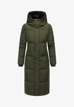 Lang, polstret frakke i mørkegrøn med hætte, udstyret med lynlås foran, trykknapper og elastiske manchetter for varme og komfort.