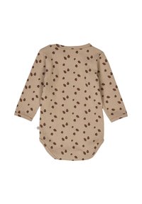 Body a maniche lunghe per bebè in tessuto a coste beige con motivo a pois marroni e verdi, caratterizzato da un colletto rotondo e chiusura a pressione nella parte inferiore.