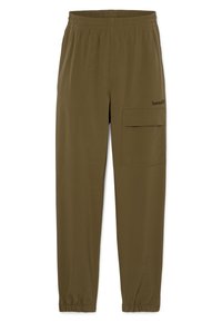 Olivgröna byxor med elastisk midja, sidoficka i cargo-stil, tapered ben och samlade muddar. Slät textur och lättviktig tyg.