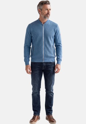 Een man van middelbare leeftijd met grijs haar, gekleed in een blauwe trui met ritssluiting, donkere spijkerbroek en bruine leren schoenen, staand en zijwaarts kijkend.